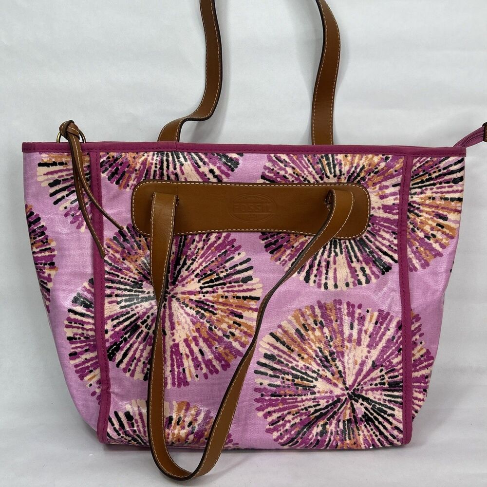 Fossil Key Per Coated Canvas Large Tote Bag Pink Fireworks Zip Closure Travel